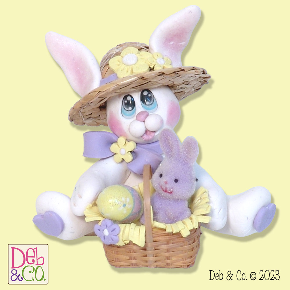 White EASTER BUNNY with Straw Hat and Basket Figurine Ornament Handmade Polymer Clay - Made to Order
