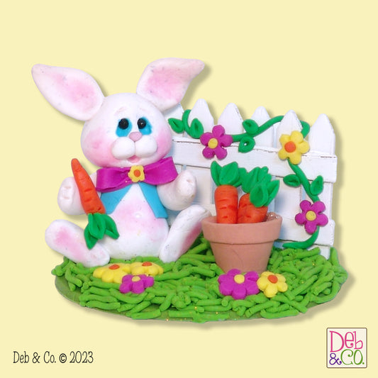 Bunny Rabbit with Picket Fence HANDMADE POLYMER CLAY Easter Decor Figurine
