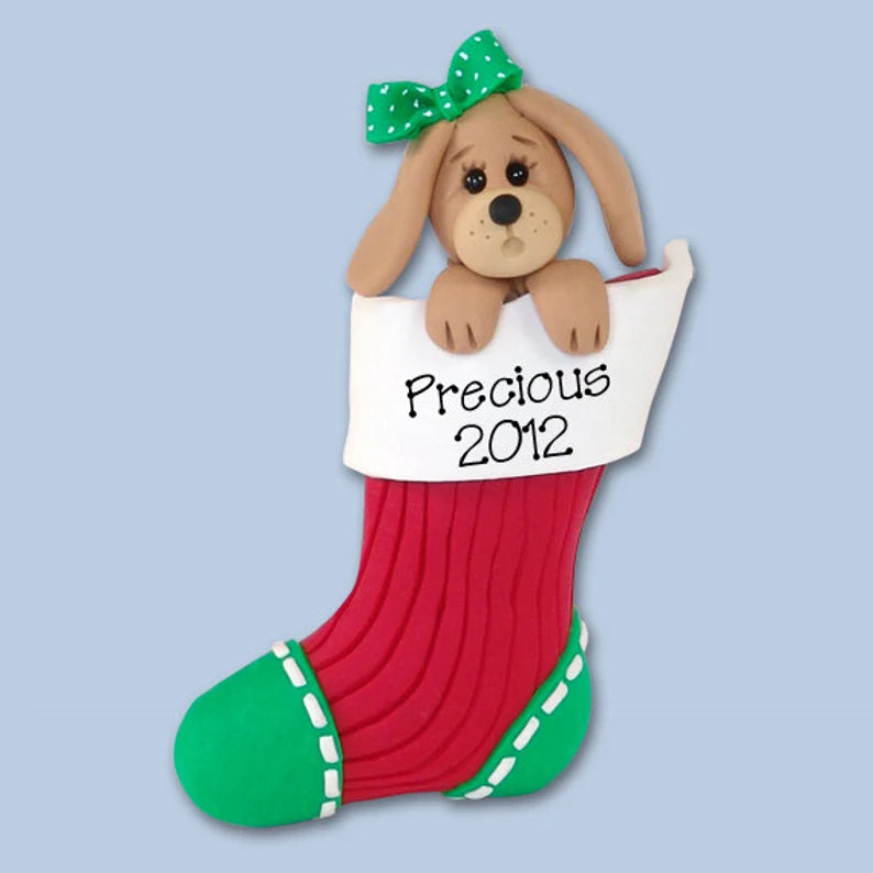 Girl Puppy Dog in Stocking Handmade Polymer Clay Personalized Christmas Ornament