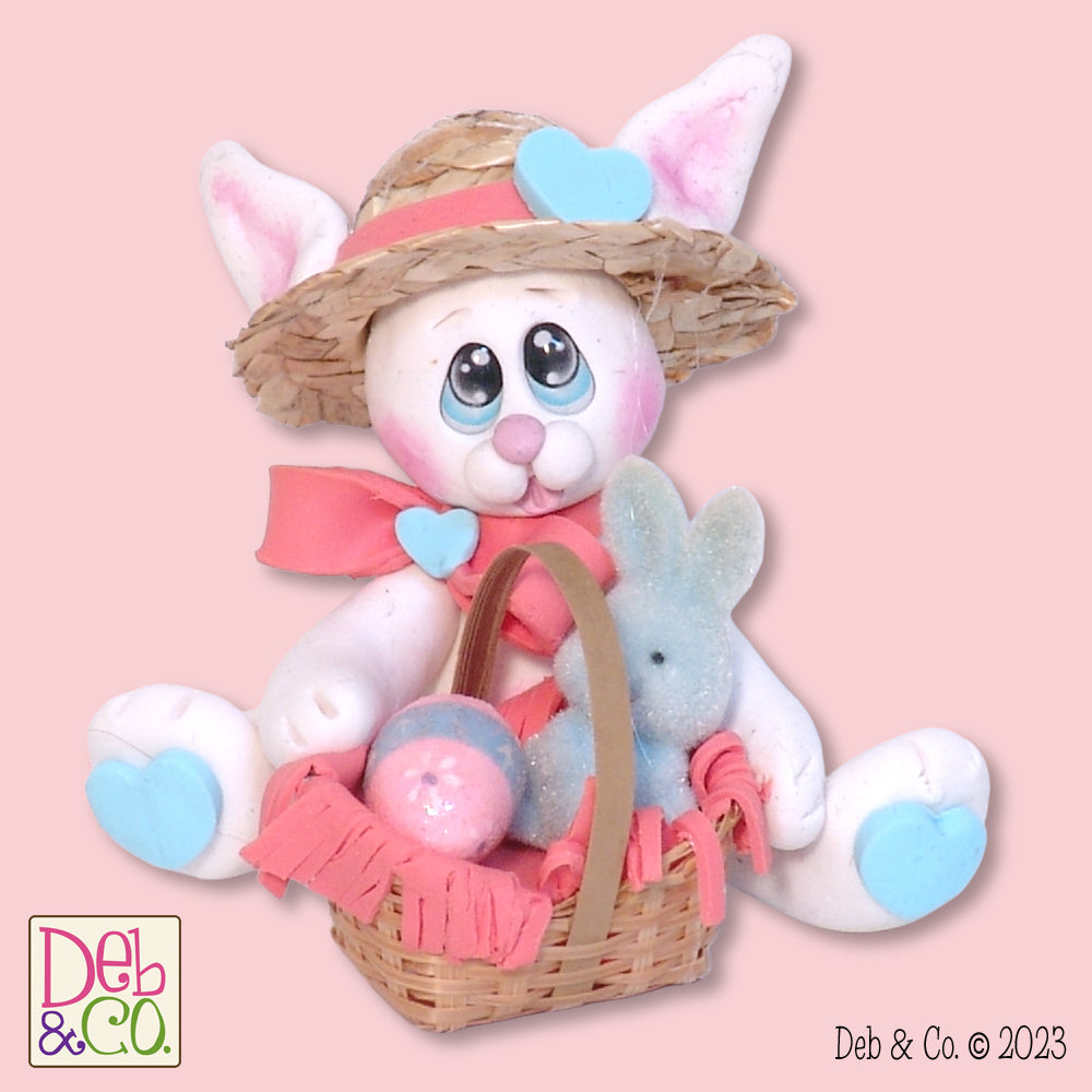 White EASTER BUNNY with Straw Hat and Basket Figurine Ornament Handmade Polymer Clay - Made to Order