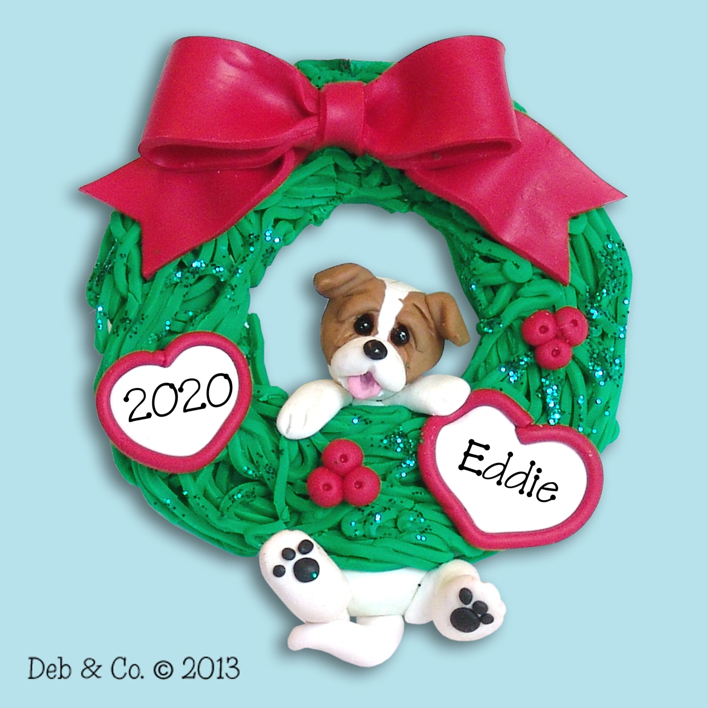 Personalized Jack Russell PUPPY Hanging in Wreath Ornament - HANDMADE Polymer Clay Christmas Ornament,  Dog Ornaments