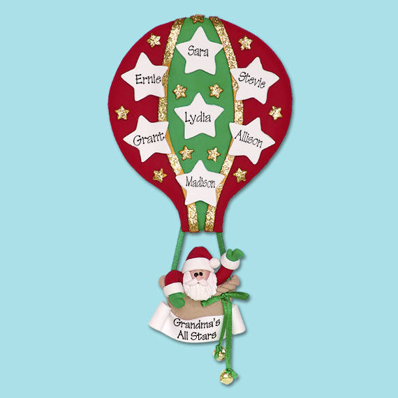 Santa HOT AIR BALLOON w/7 Stars HandmadePolymer Clay Personalized Christmas Family Ornament