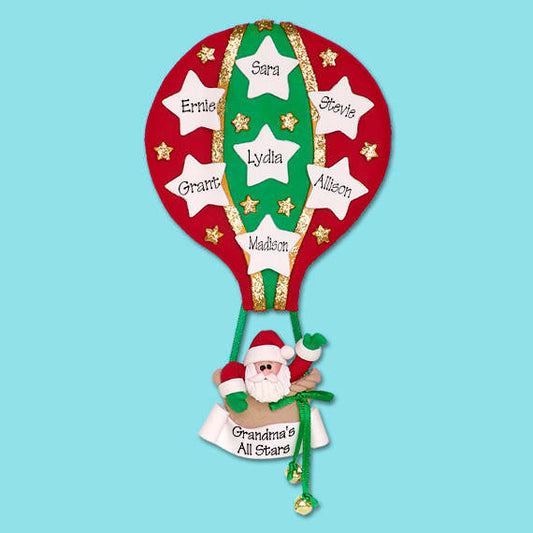 Santa HOT AIR BALLOON  w/7 Stars HandmadePolymer Clay Personalized Christmas Family Ornament