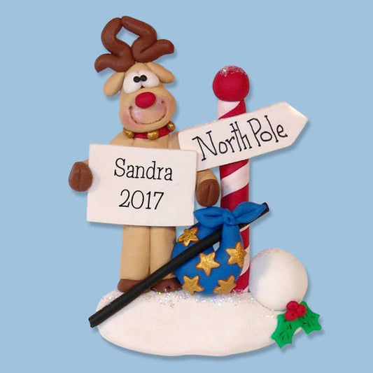 Rudolpph The Reindeer North Pole - HANDMADE Polymer Clay Ornament - Personalized Christmas Ornament - Limited Edition