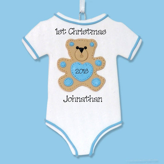 Baby's First Christmas Onsie Baby ornament for BOY, Handmade Polymer Clay Personalized Ornaments