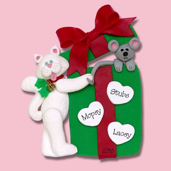 Cat & Gift Box Family Ornament of 3, Personalized Christmas Family Ornaments, Personalized Cat Ornament,HANDMADE Polymer Clay Ornaments