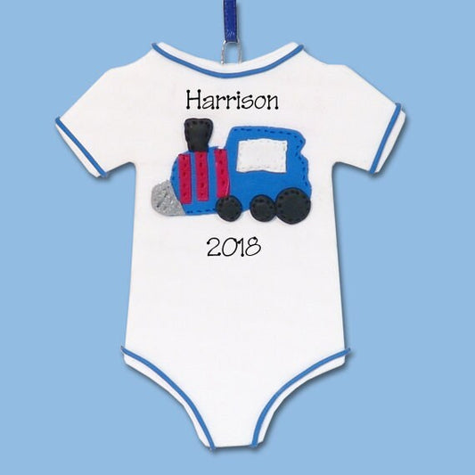 Baby's First Christmas Ornament, Onsie Baby ornament for BOY, Personalized Ornaments, Handmade Polymer Clay, Baby Ornament, Train Ornament