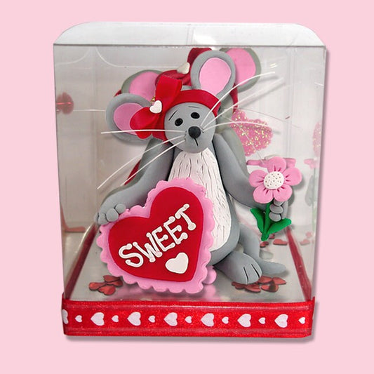Valentine Mouse Sweetheart Figurine in Gift Box / Ornament Handmade Polymer Clay