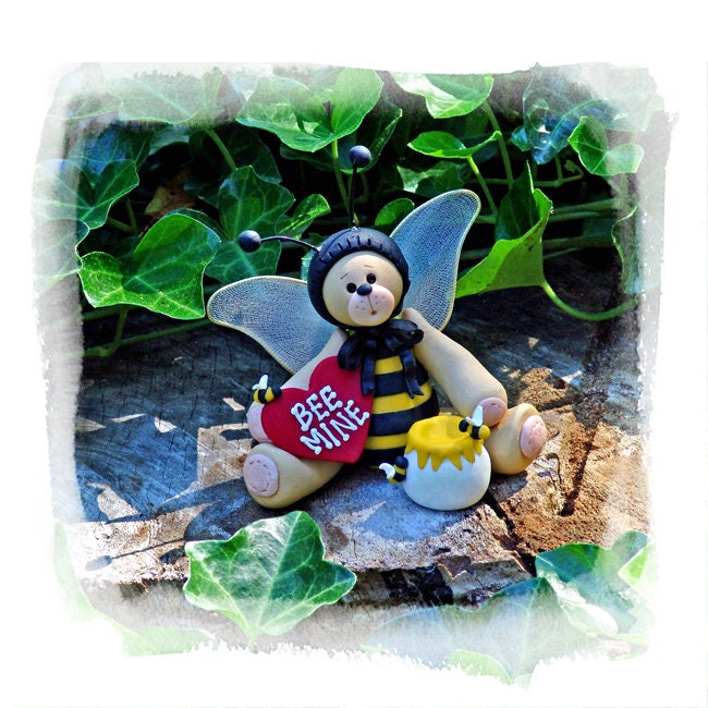 BELLY BEAR BEE Personalized Valentine Ornament in Gift Box - Handmade Polymer Clay