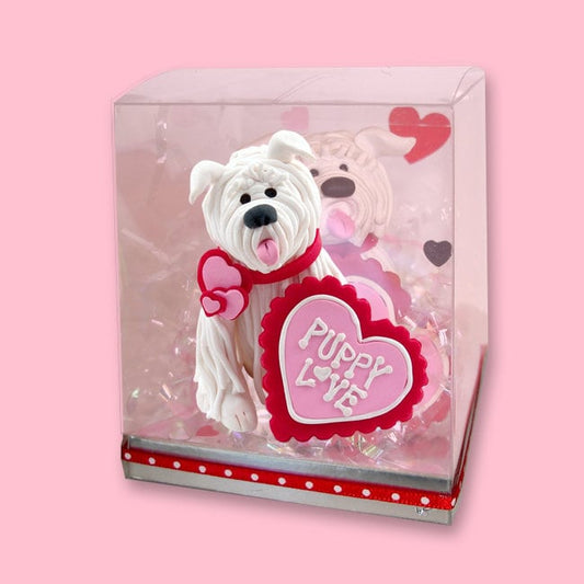 Valentine Puppy Love Dog Figurine / Ornament Handmade Polymer Clay in Specialty Box