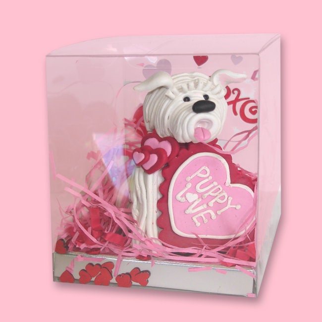 Valentine Puppy Love Dog Figurine / Ornament Handmade Polymer Clay in Specialty Box - #4