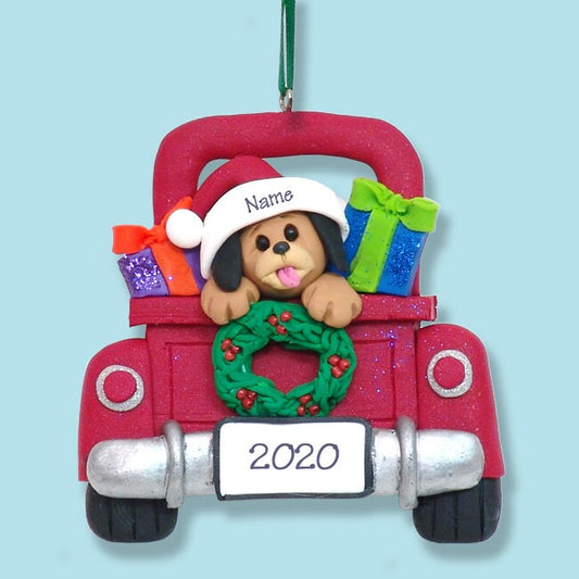 Puppy Dog in Red Pickup Truck Christmas Ornament - Personalized Dog Christmas Ornament HANDMADE Polymer Clay - Custom Ornaments