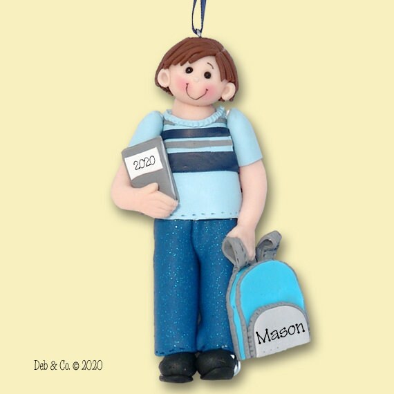 Back to School / 1st Day Boy Personalized Christmas Ornament - Handmade Polymer Clay - Limited Edition in Custom Gift Box