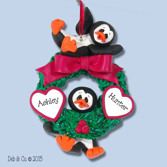 Petey Penguin Personalized Couples Ornament,  Ornament for 2 Grandchildren, Polymer Clay HANDMADE Christmas Ornaments, Custom Ornaments