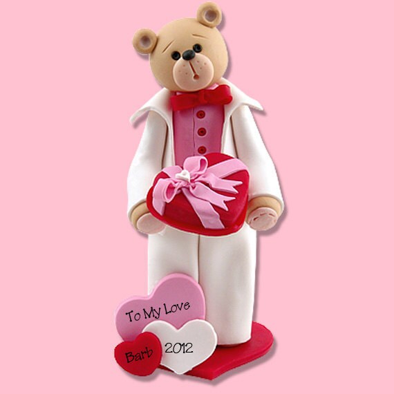 Personalized Belly Bear Boy Valentine Figurine in Gift Box -  Handmade Polymer Clay