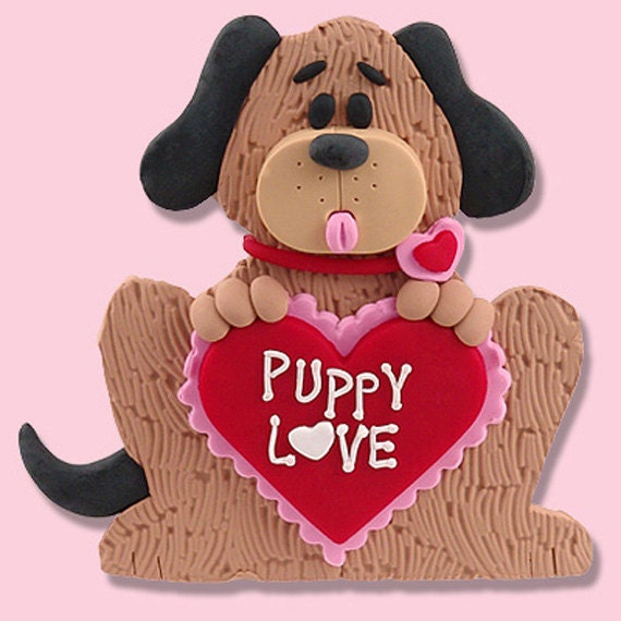 Puppy Dog "Puppy Love"  Valentine Ornament Handmade Polymer Clay Sitting in Tin Envelope