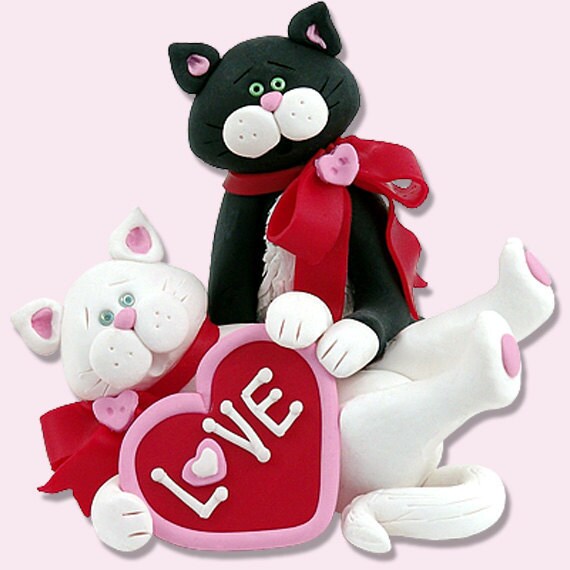 Valentine KITTY CAT COUPLE Figurine Handmade Polymer Clay