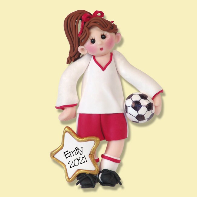 Girl Soccer Player Ornament - Brunette, Personalized Christmas Ornaments, Handmade Polymer Clay Ornament, Gift for Soccer