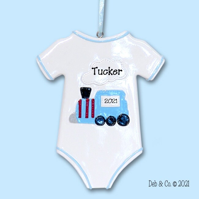 Baby's First Christmas Ornament, Onezie with Train Baby ornament for BOY, Personalized Ornaments, RESIN Baby Ornament