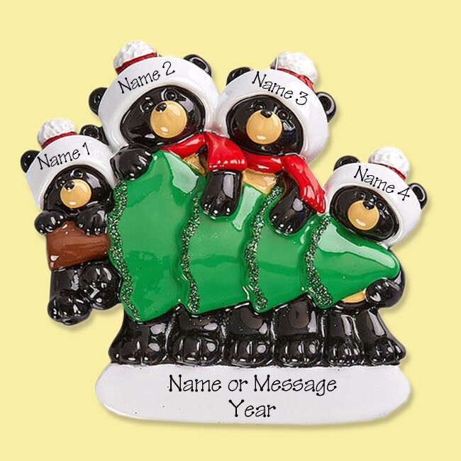 Black Bear Family of 4 Christmas Tree Shopping HAND PAINTED RESIN Personalized Christmas Ornament