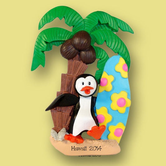 PETEY PENGUIN w/ Surfboard Personalized Vacation Ornament RESIN