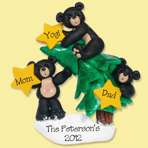 Black Bear Family of 3 on Christmas Tree HANDMADE POLYMER CLAY Personalized Christmas Ornament