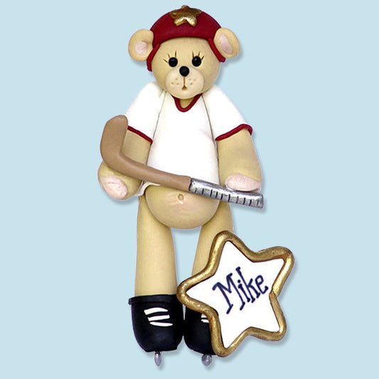Belly Bear Hockey Player HANDMADE POLYMER CLAY Personalized Christmas Ornament