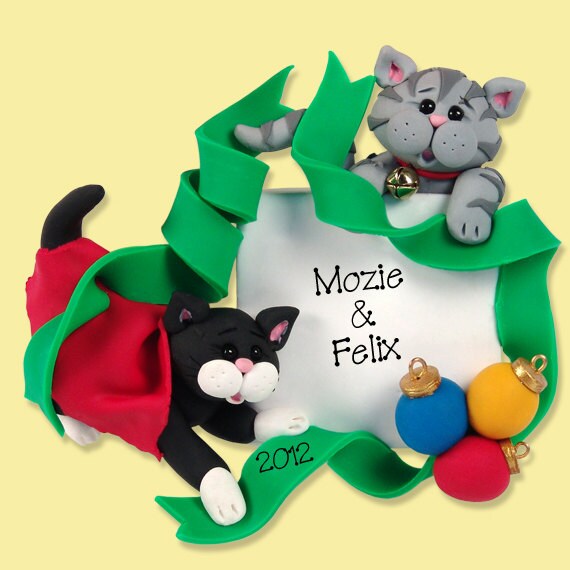 2 Christmas KITTY CATS HANDMADE Polymer Clay Personalized Christmas Ornament