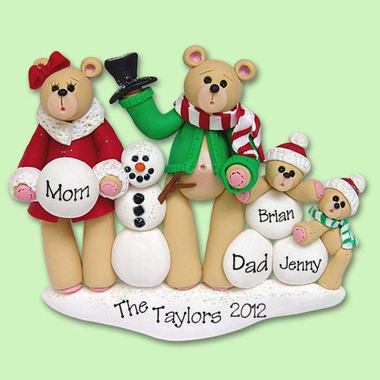 Bear Family of 4 with Snowman  HANDMADE POLYMER CLAY Personalized Christmas Ornament