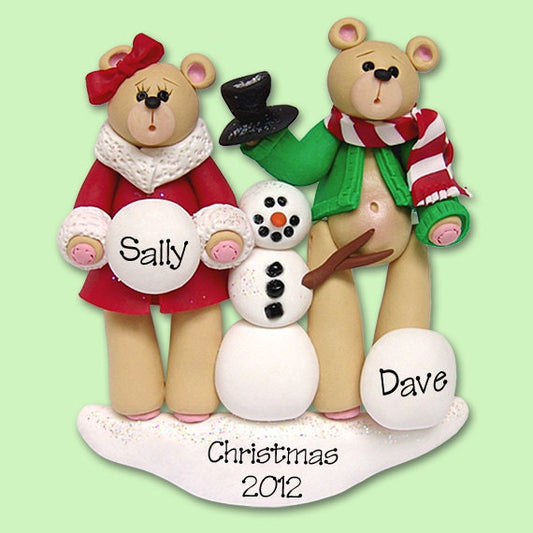 Bear Family of 2 Couple with Snowman  HANDMADE POLYMER CLAY Personalized Christmas Ornament