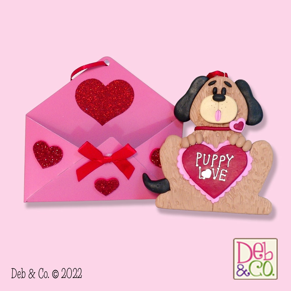 Puppy Dog "Puppy Love"  Valentine Ornament Handmade Polymer Clay Sitting in Tin Envelope