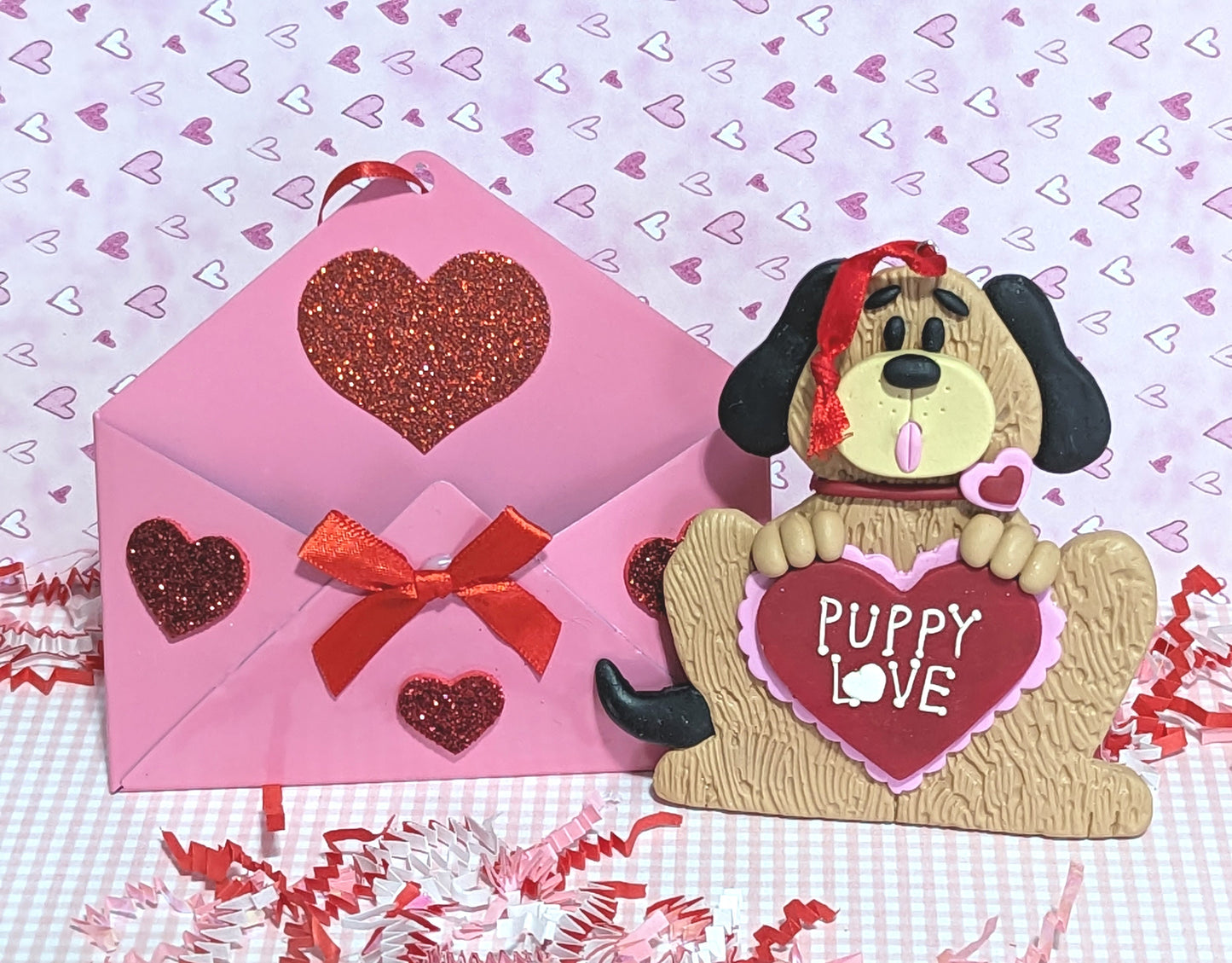 Puppy Dog "Puppy Love"  Valentine Ornament Handmade Polymer Clay Sitting in Tin Envelope