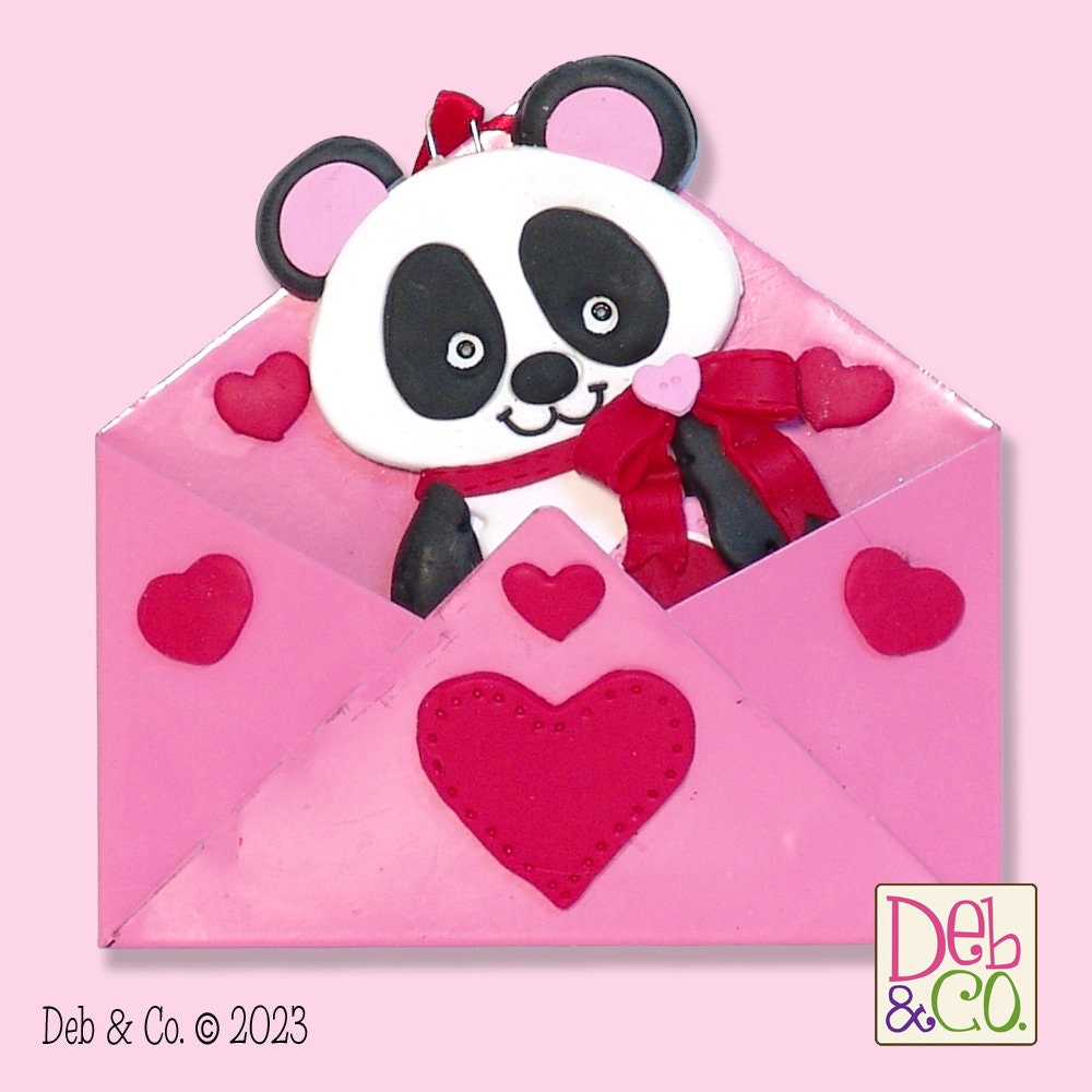 Panda Bear Valentine Ornament Handmade Polymer Clay Sitting in Tin Envelope