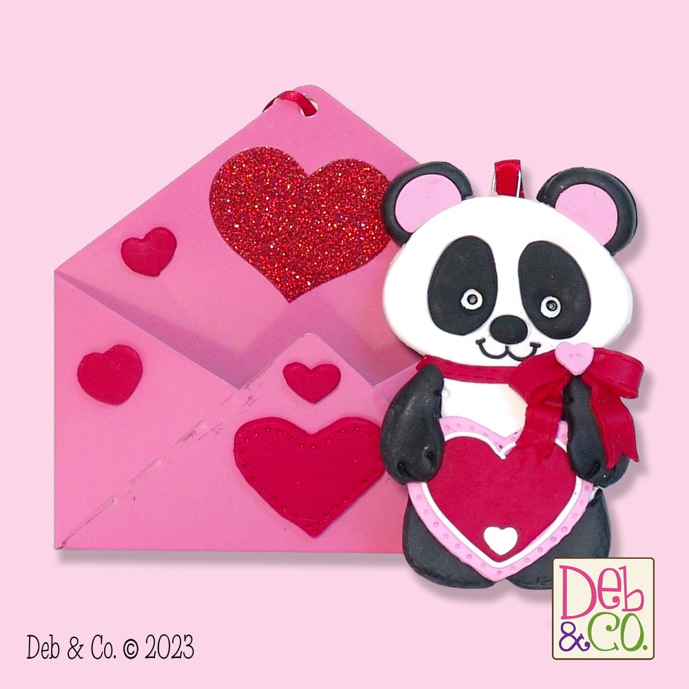 Panda Bear Valentine Ornament Handmade Polymer Clay Sitting in Tin Envelope