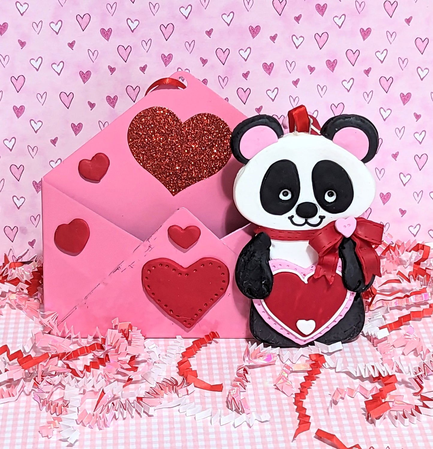 Panda Bear Valentine Ornament Handmade Polymer Clay Sitting in Tin Envelope
