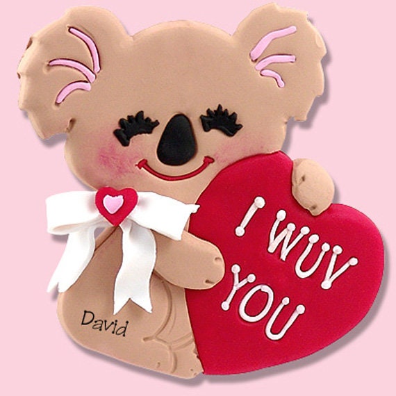Koala Bear "I Wuv You" Valentine Ornament Handmade Polymer Clay Koala Sitting in Tin Envelope