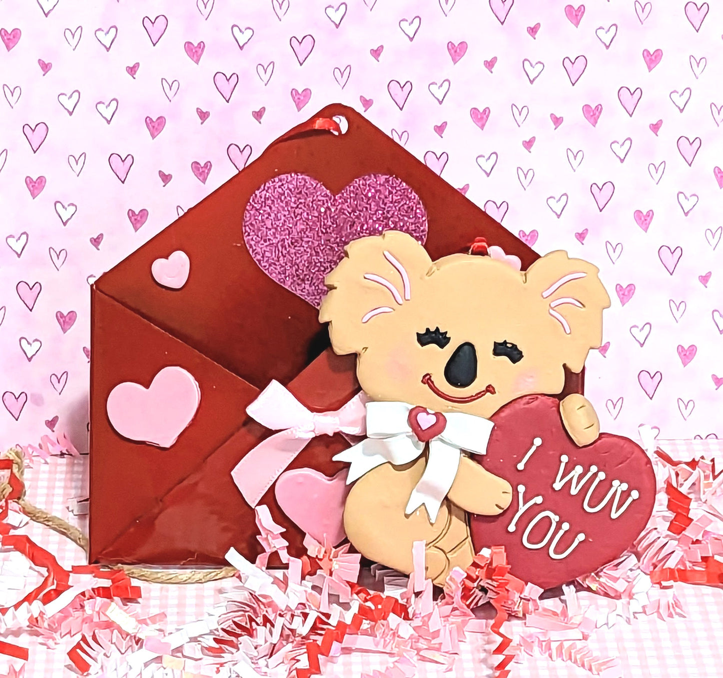 Koala Bear "I Wuv You" Valentine Ornament Handmade Polymer Clay Koala Sitting in Tin Envelope