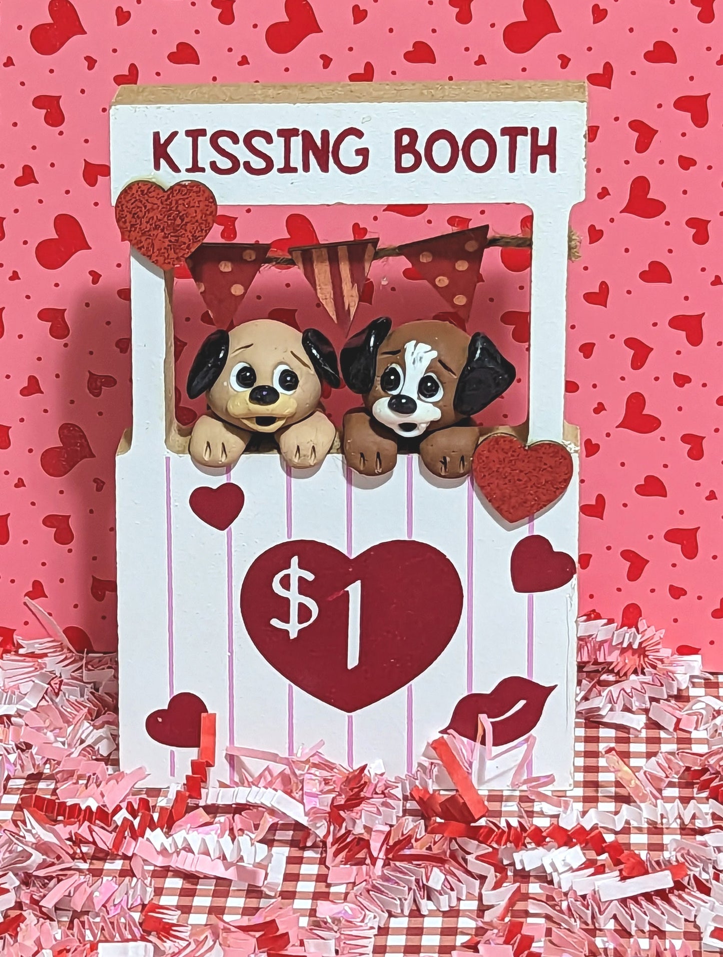Two Puppies in Kissing Booth / Handmade Polymer Clay Valentine Decoration