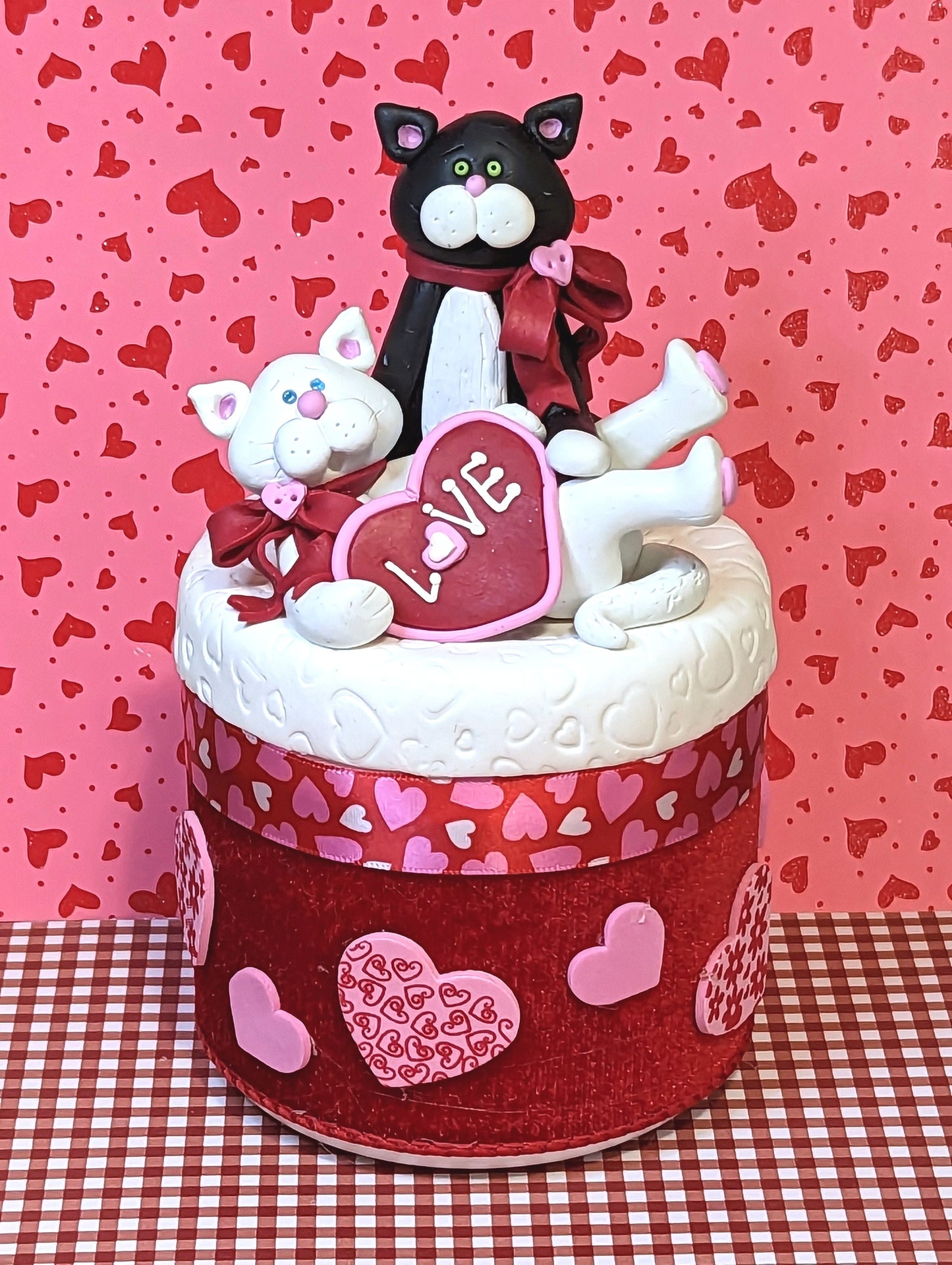 Valentine KITTY CAT COUPLE on Trinket / Keepsake / Cat Treats Storage Box - Jar Handmade Polymer Clay