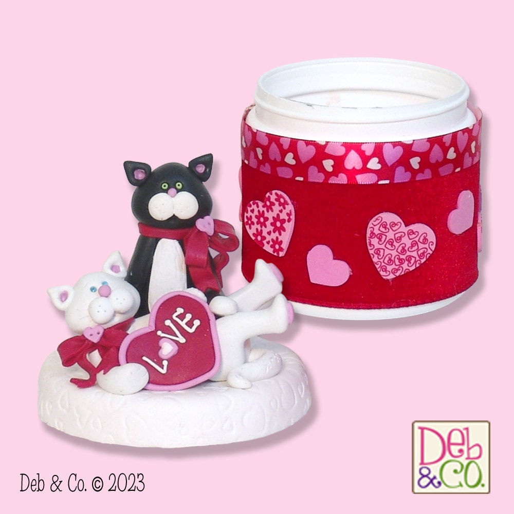 Valentine KITTY CAT COUPLE on Trinket / Keepsake / Cat Treats Storage Box - Jar Handmade Polymer Clay