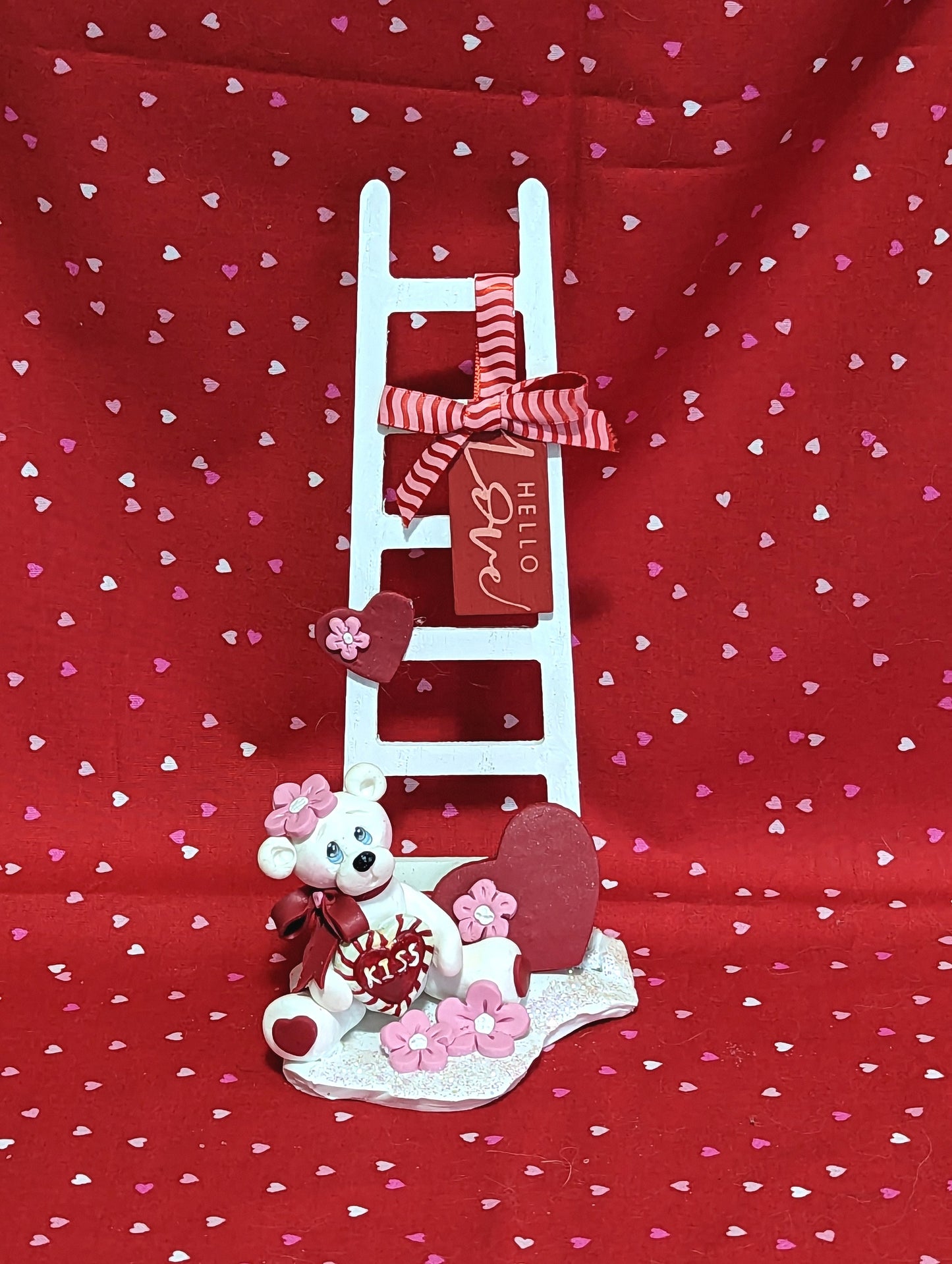 Polar Bear with Wooden Ladder Handmade Polymer Clay Figurine Valentine Decor