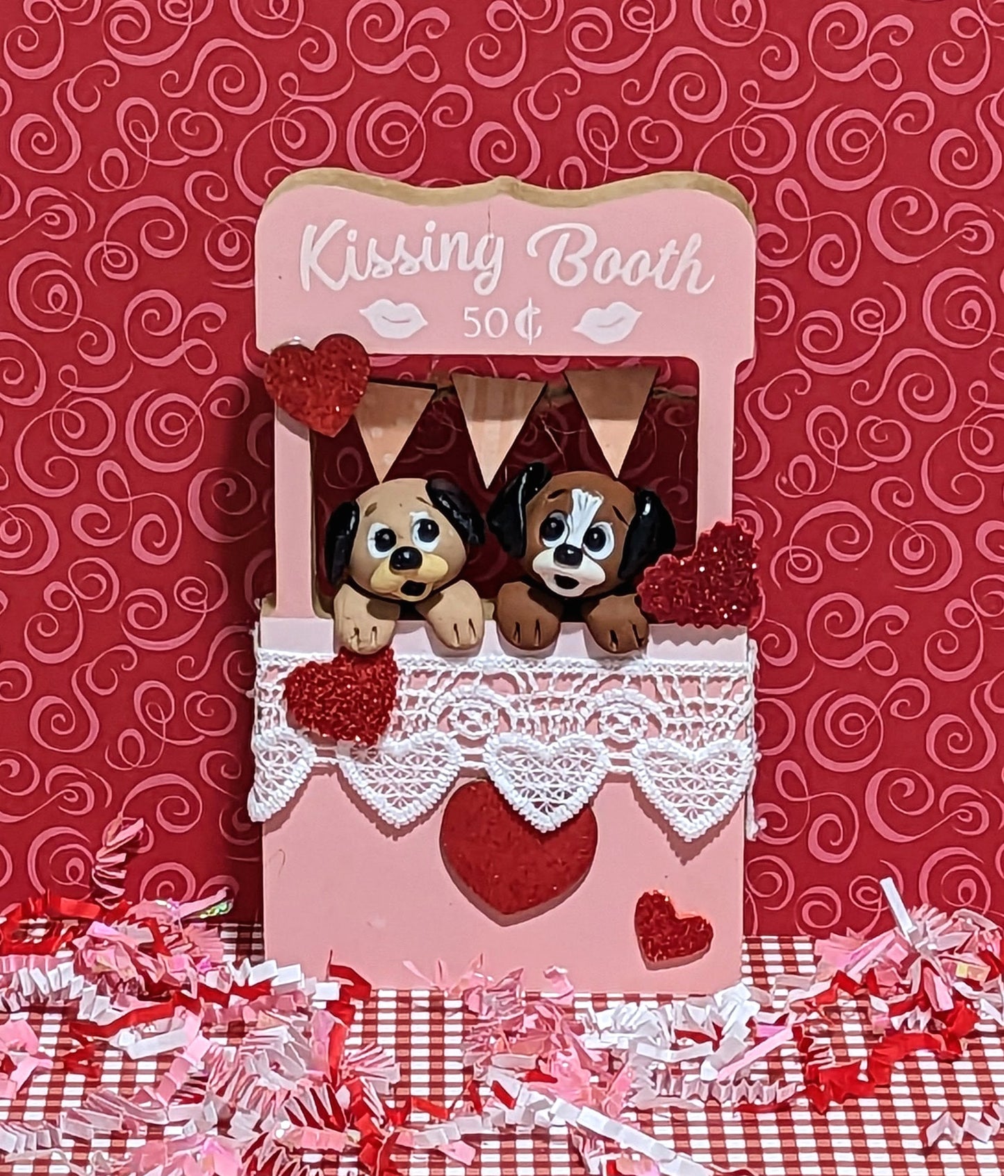 Two Puppies in Kissing Booth / Handmade Polymer Clay Valentine Decor Clay Valentine Decoration