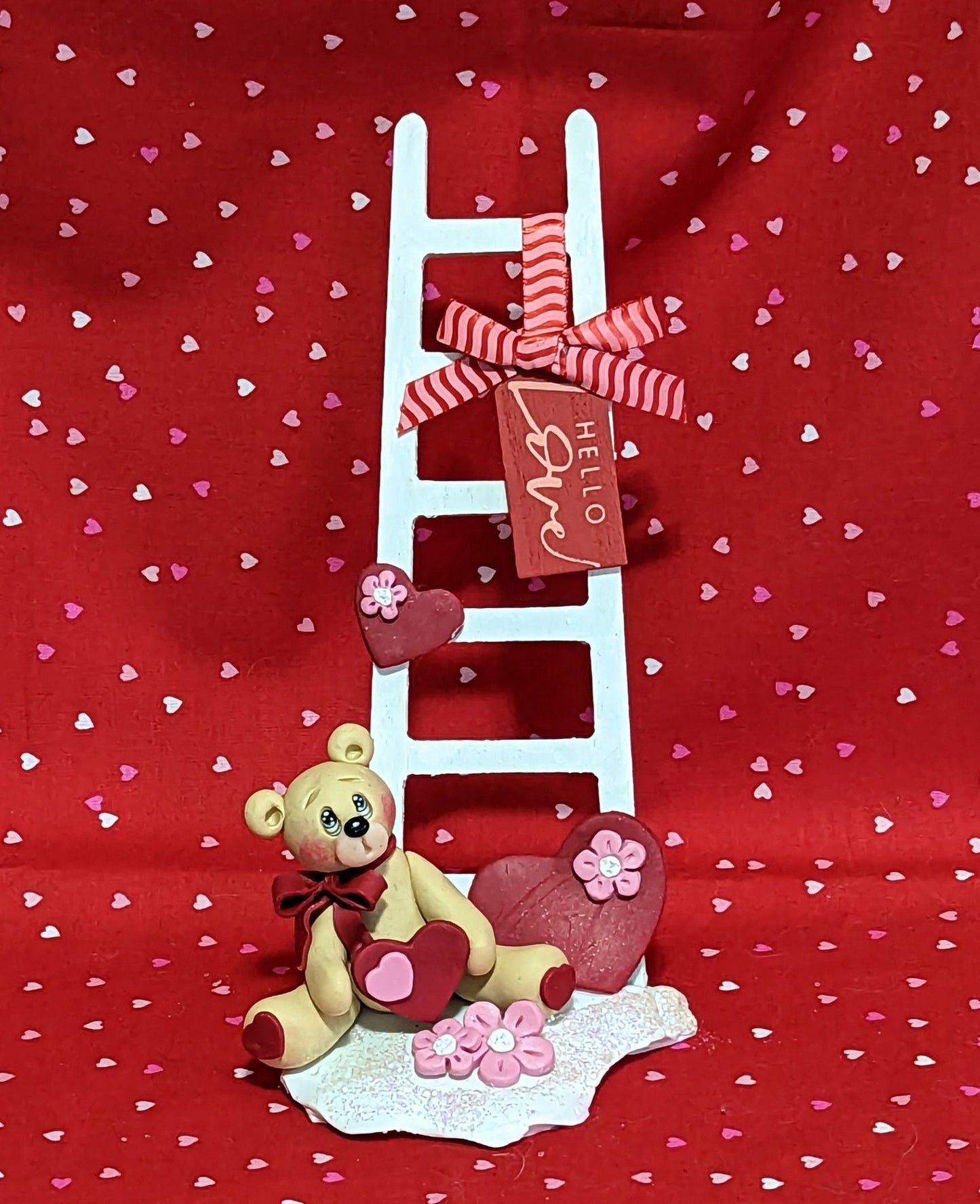 Tan Bear with Wooden Ladder Handmade Polymer Clay Figurine Valentine Decor