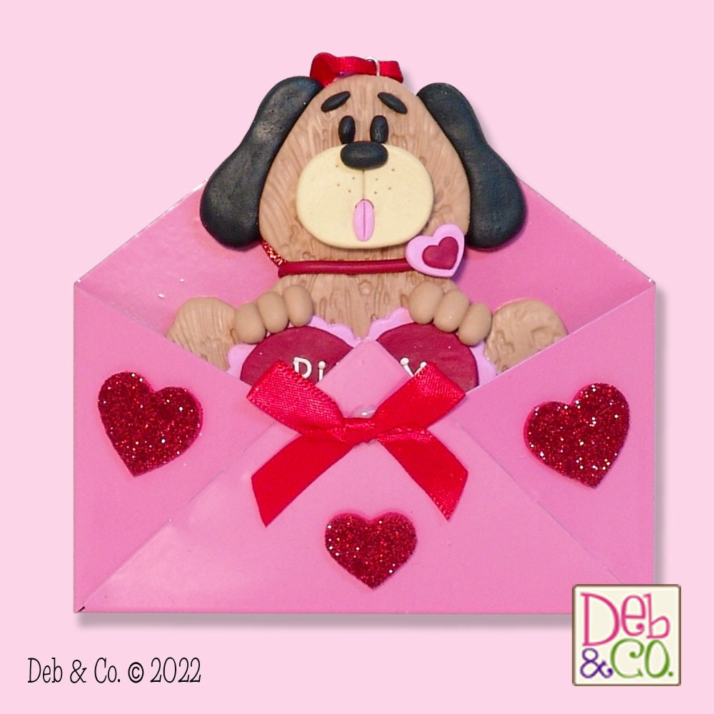 Puppy Dog "Puppy Love"  Valentine Ornament Handmade Polymer Clay Sitting in Tin Envelope