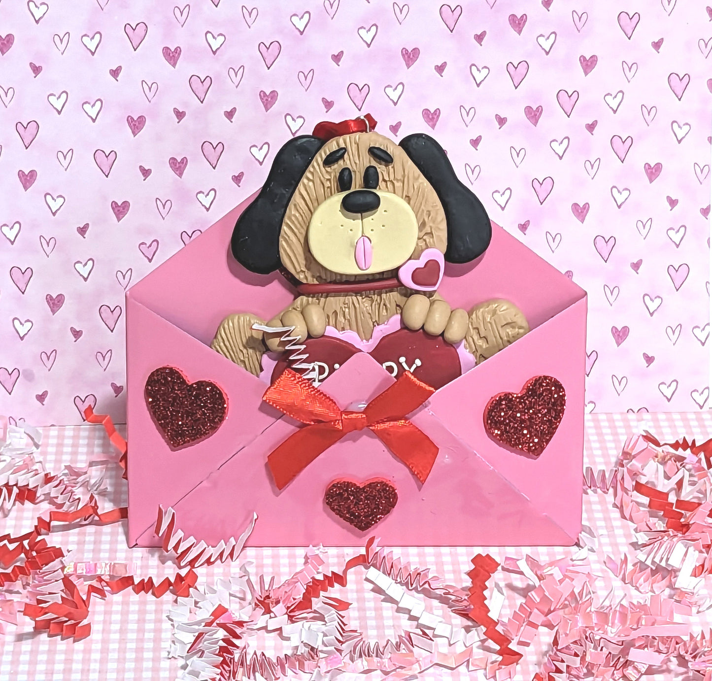 Puppy Dog "Puppy Love"  Valentine Ornament Handmade Polymer Clay Sitting in Tin Envelope