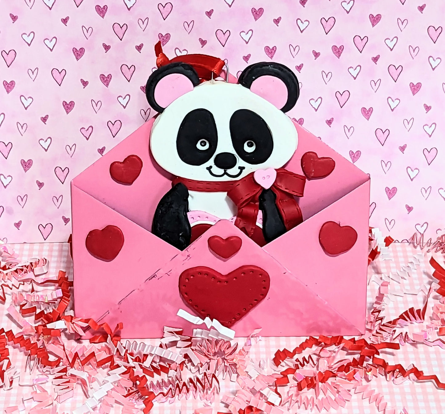 Panda Bear Valentine Ornament Handmade Polymer Clay Sitting in Tin Envelope