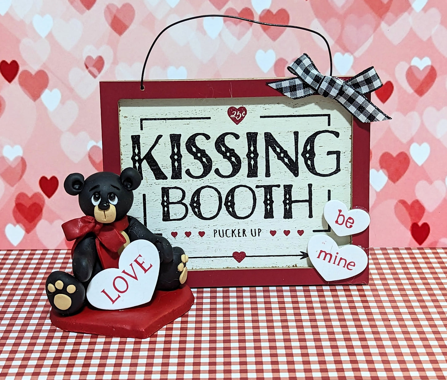 Handmade Polymer Clay Black Bear with Kissing Booth Sign Valentine Decoration - All One Piece