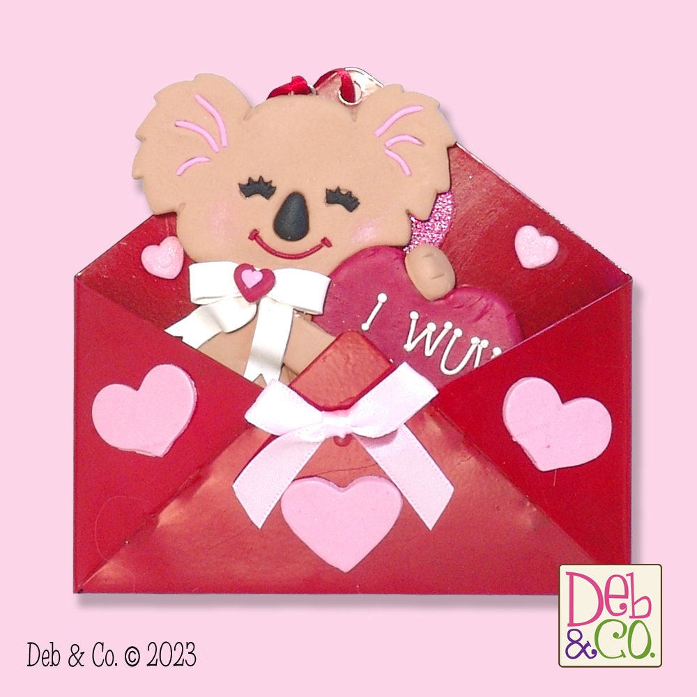 Koala Bear "I Wuv You" Valentine Ornament Handmade Polymer Clay Koala Sitting in Tin Envelope