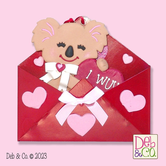 Koala Bear "I Wuv You" Valentine Ornament Handmade Polymer Clay Koala Sitting in Tin Envelope