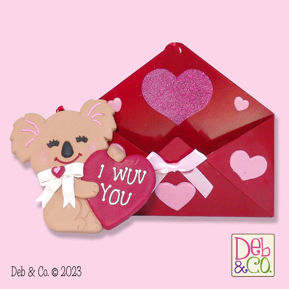 Koala Bear "I Wuv You" Valentine Ornament Handmade Polymer Clay Koala Sitting in Tin Envelope